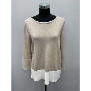 NEW HUBERT GASSER beige cotton 3/4 sleeve sweater in beige and white
